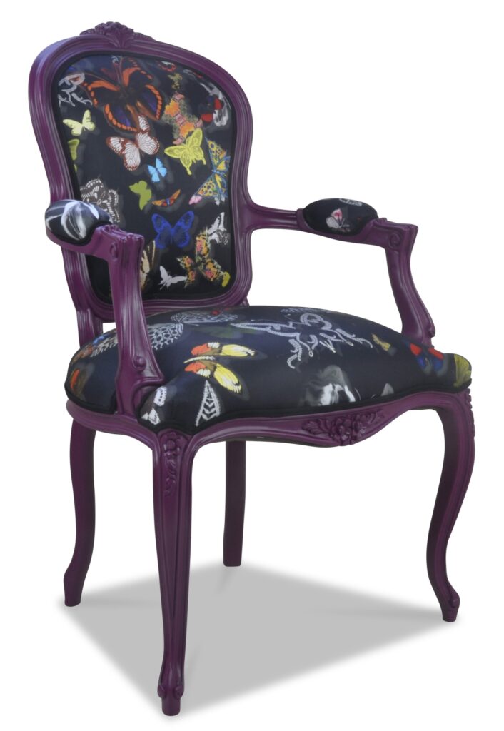 FAUTEUIL NOÉMIE laque violette tissu papillon noir