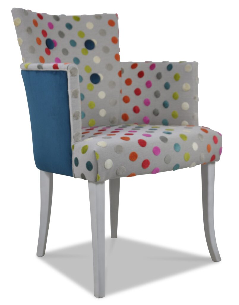 ARMAND laque blanc patiné tissus revue pois acoudoirs exterieur + bouton brunei 40