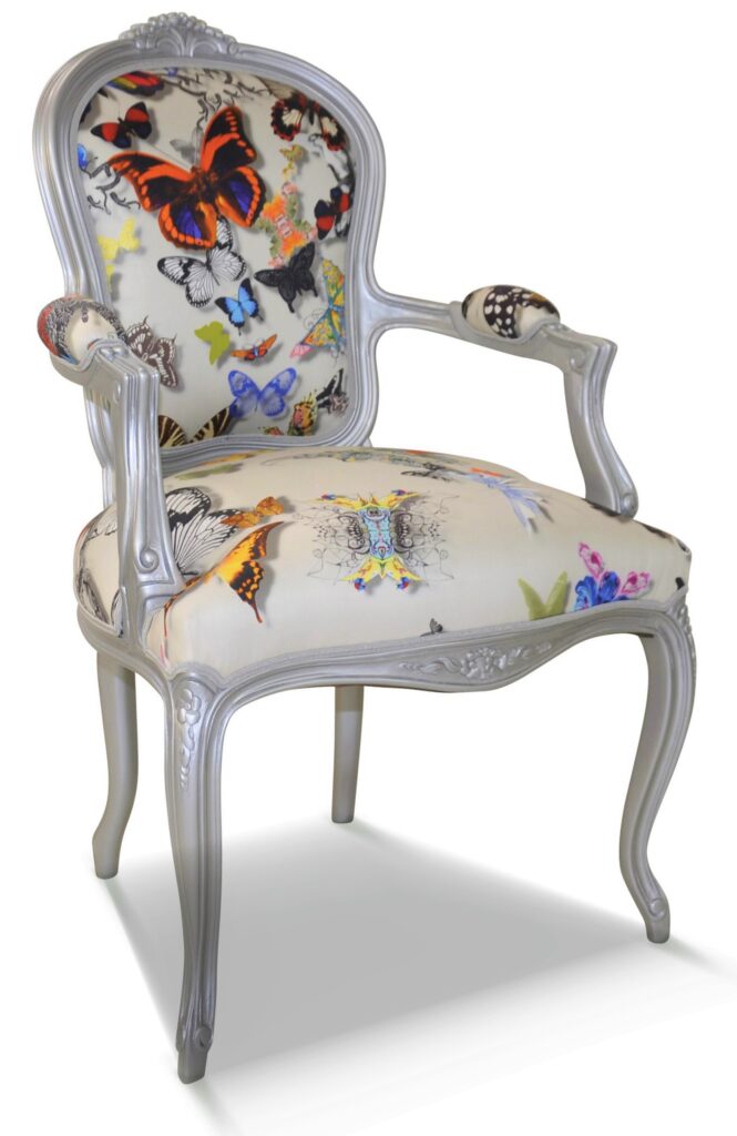 FAUTEUIL NOÉMIE laque alu tissu papillon blanc de Christian Lacroix