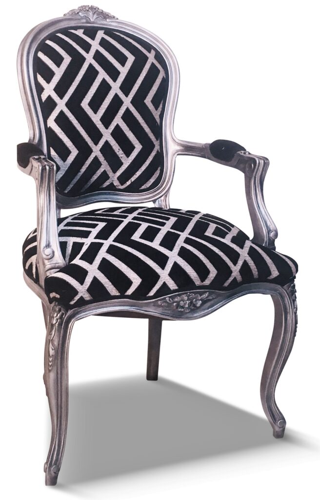 FAUTEUIL NOÉMIE laque vieil argent tissu losanges noirs