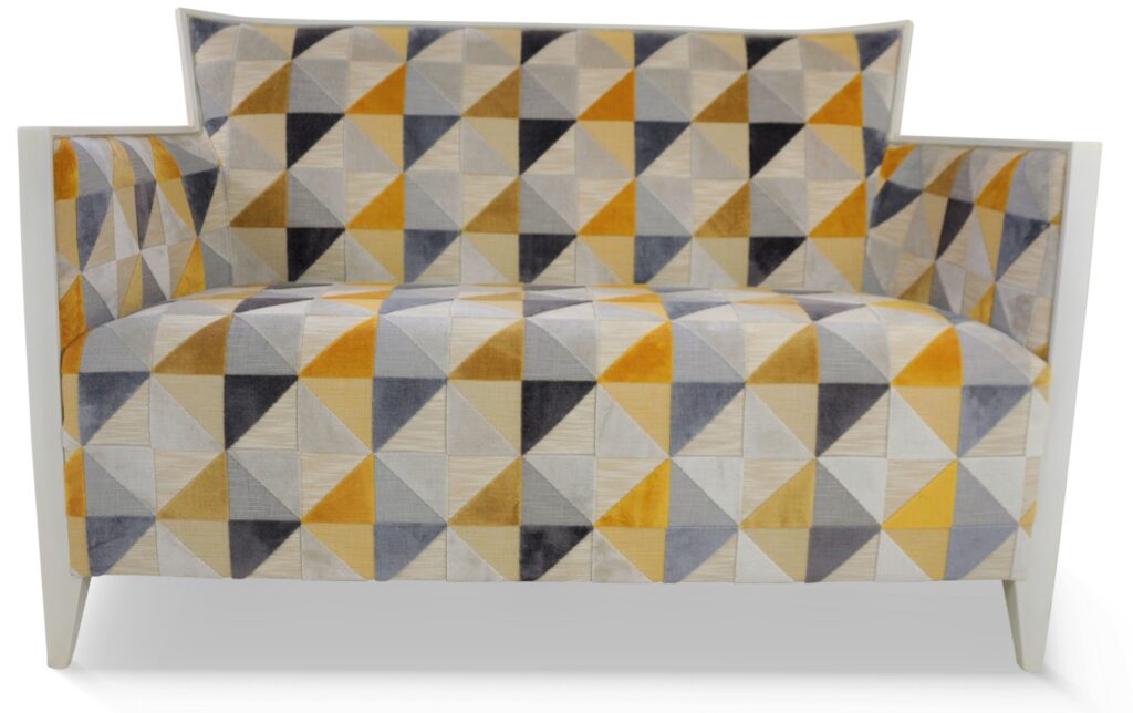 NATHAN canapé laque blanc patiné tissu floride jaune