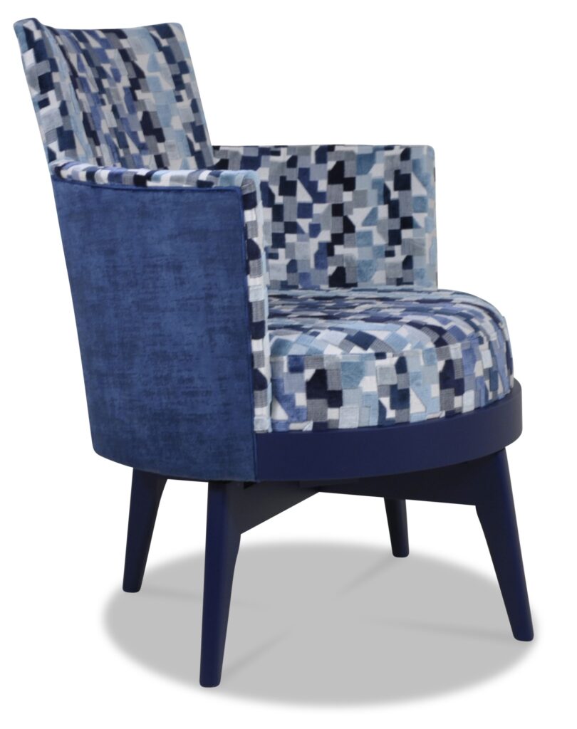 MATHIS laque bleu 4 tissus accoudoirs extérieurs nagor col 20 dossier intérieur et assise indiana bleu