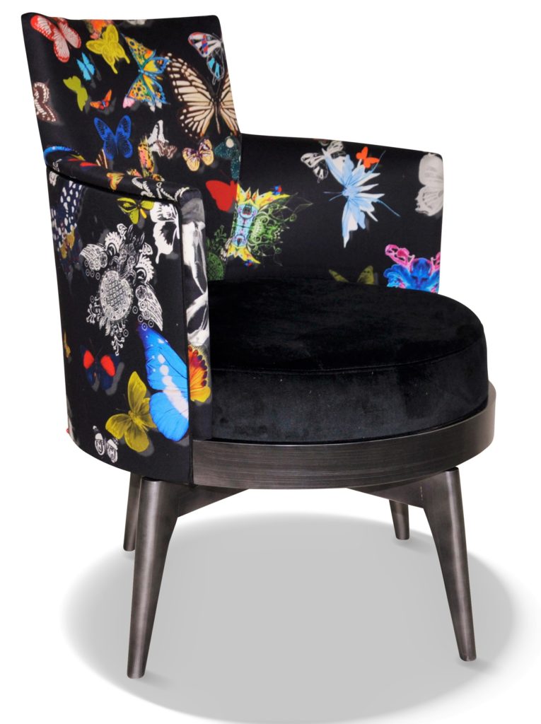 MATHIS laque oxyde tissu assise brunei 1 et tissu dossiers papillon noir de Christian Lacroix