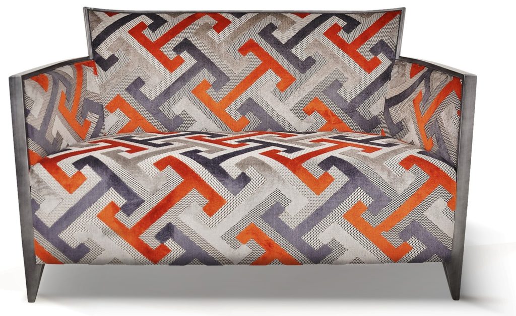 NATHAN canapé laque vieil argent tissu géométric orange