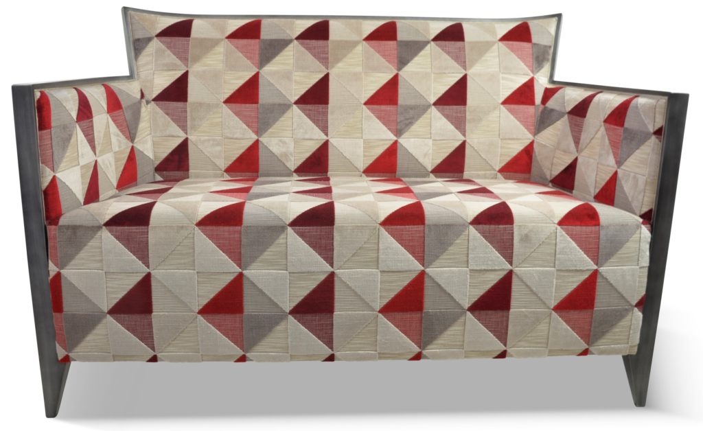 NATHAN canapé laque vieil argent tissu floride rouge