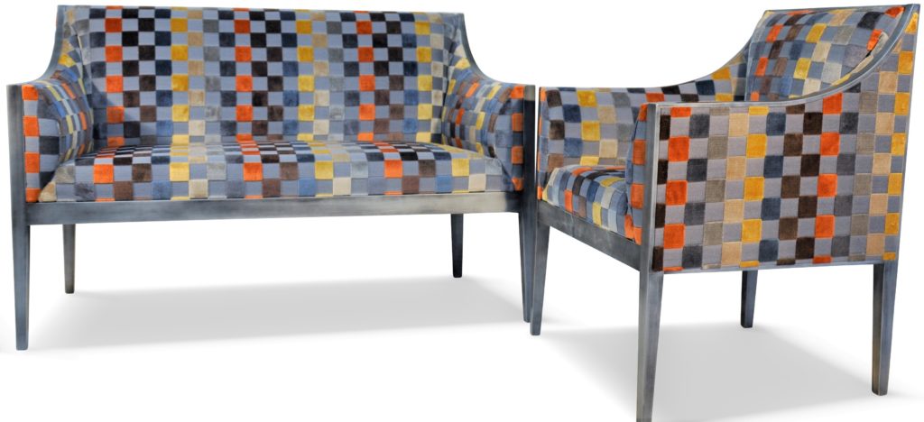 GUILLAUME ensemble fauteuil et canapé laque vieil argent tissu carré gris