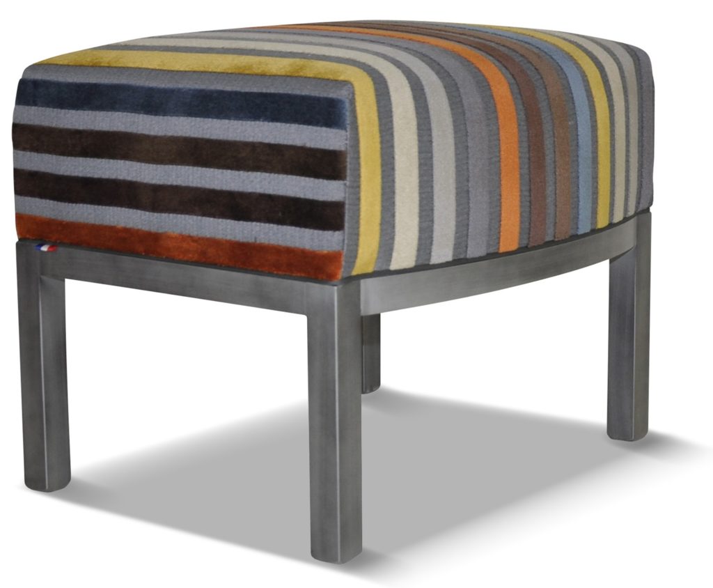 JULIEN pouf laque vieil argent tissu rayures grises