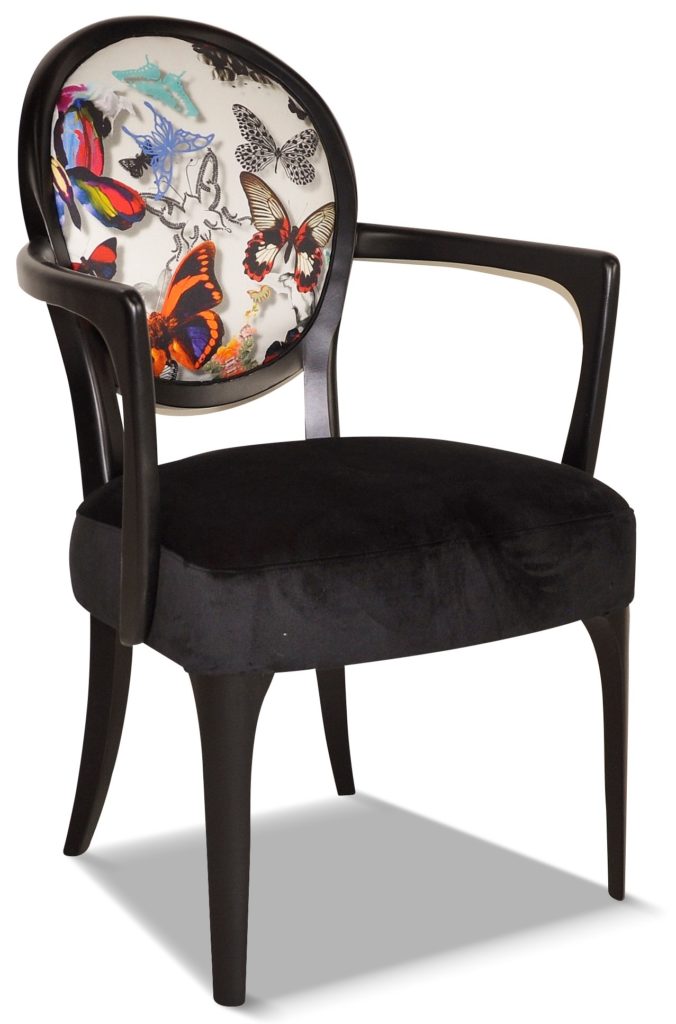 CLÉMENT laque oxyde tissu dossier papillon blanc de Christian Lacroix et assise en brunei 01