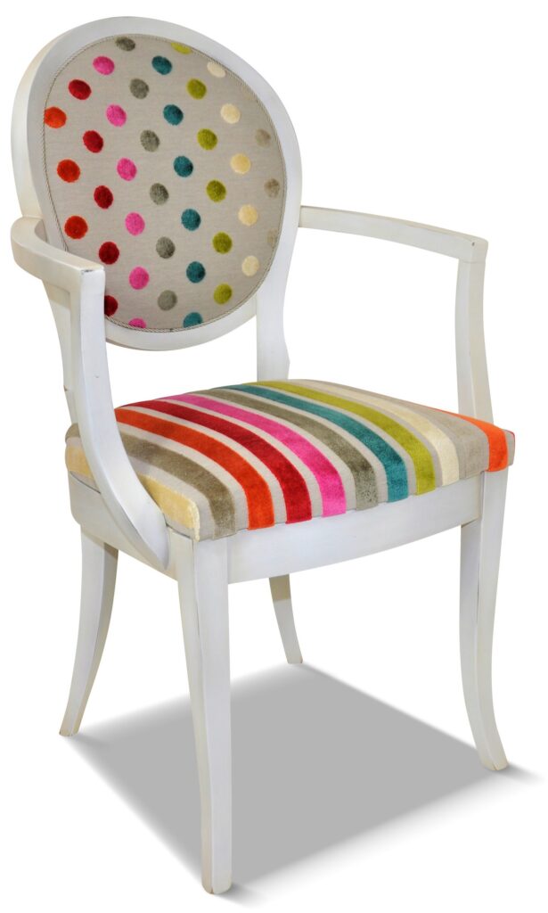 Paul laque blanc neige tissu dossier revue pois et assise en revue rayures