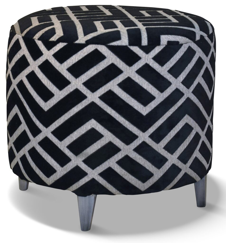 POUF sur mesure avec pieds laque vieil argent tissu losange noir
